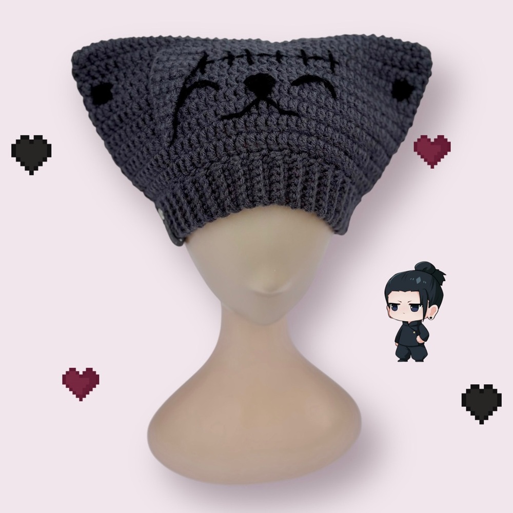 Grey Cat Beanie with black stitches/scar, mouth and gauges